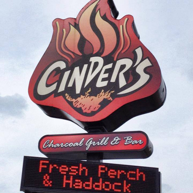 Cinders Charcoal Grill Appleton Wisconsin Restaurant Bill logo signage